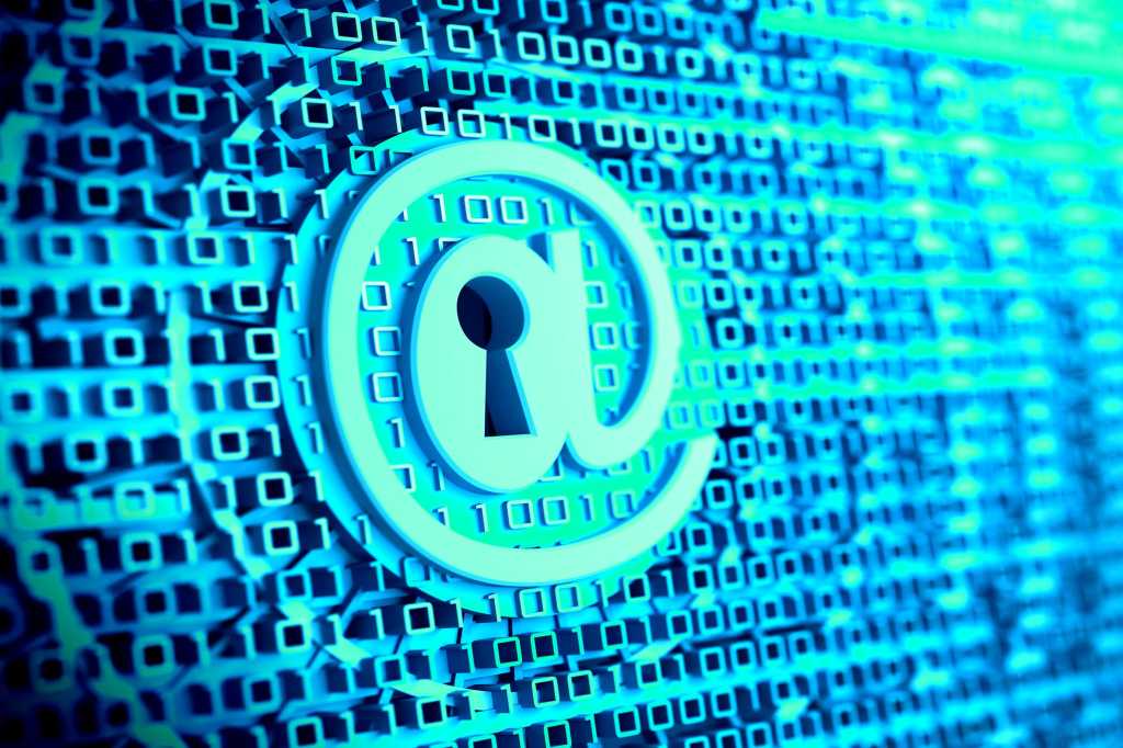 Email encryption > An encrypted binary 'at' symbol with a keyhole.